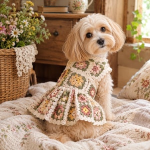 May include: A small dog with light tan fur wearing a sleeveless crochet dress made of multi-coloured granny squares in shades of sage green, dusty pink, and cream yellow. The dress features a flared skirt and a scalloped cream-coloured border.