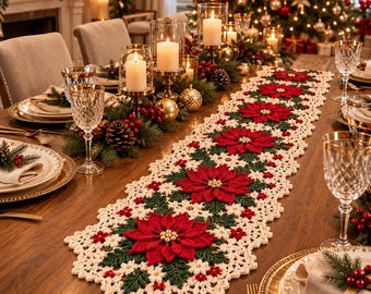 May include: A long, rectangular crochet table runner featuring a repeating pattern of red poinsettia flowers with gold bead centers, green leaves, and small red berries, all bordered by an off-white, intricate, scalloped lace edge design.