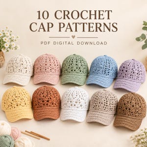 Puede incluir: Diez patrones de gorras de ganchillo en descarga digital PDF que presentan una colección de diez gorras estilo béisbol en varios colores incluyendo crema, rosa, verde, azul, morado, amarillo, naranja, blanco, beige y marrón.