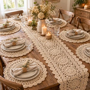 May include: A long, cream-colored crochet table runner with a circular pattern and scalloped edges, paired with matching round crochet placemats. Each setting includes a white plate, a beige linen napkin, and a woven napkin ring on a wooden table.
