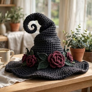 Puede incluir: Un sombrero de bruja de ganchillo en color gris carbón oscuro con una punta curvada y un ala ancha y ondulada. La base del sombrero está decorada con una serie de rosas de ganchillo de color rojo intenso y hojas verdes oscuras en círculo.
