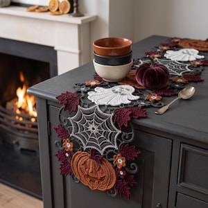 Halloween Crochet Table Runner Pattern, Pumpkin Ghost Spiderweb Lace PDF