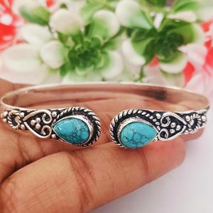 Turquoise Bangle, 925 Sterling Silver Adjustable Open Cuff with Filigree