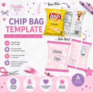Peut inclure: Un modèle numérique de sachet de chips avec instructions et exemples. Le design montre un sachet de chips Lay's jaune et un sachet rose personnalisé avec des marguerites blanches et le texte Olivia is turning ONE. Inclut icônes, ciseaux et crayons.