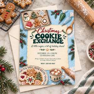 Convite para troca de biscoitos de Natal, modelo editável do Canva, convite para festa de troca de biscoitos natalinos, convite digital imprimível para festa de culinária natalina