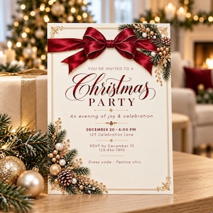 Peut inclure: Une carte d'invitation de fête de Noël couleur crème avec un grand nœud en satin rouge foncé en haut, ornée de branches de pin, de baies dorées et de perles blanches. Le texte indique : You're invited to a Christmas party, December 20, 6:00 PM.