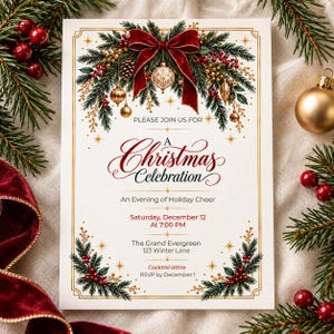 Peut inclure: Une carte d'invitation de Noël rectangulaire ornée d'un nœud en velours rouge, de branches de pin et de boules dorées. Le texte indique : Please join us for a Christmas Celebration, An Evening of Holiday Cheer, Saturday, December 12 at 7:00 PM, The Grand Evergreen, 123 Winter Lane, Cocktail attire, RSVP by December 1.