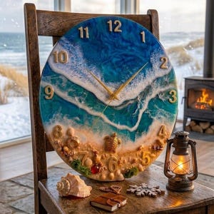 Könnte beinhalten: Eine runde Wanduhr mit einer Harz-Ozeanszene, die blaue und türkisfarbene Wellen zeigt, die auf einen Sandstrand treffen. Das Zifferblatt enthält goldfarbene Zahlen, ein zentrales goldenes Uhrwerk und kleine dekorative Muscheln und eine Schildkröte.