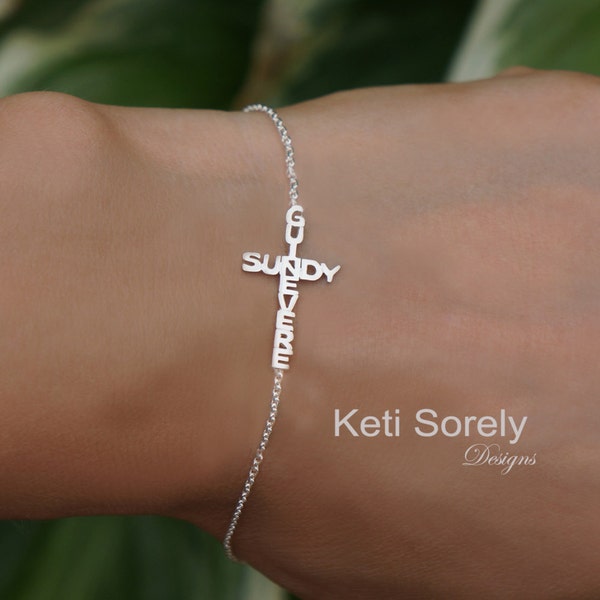 Sideways Cross Bracelet  with Two Crossing Names - Couples or Kids Names - Silver, Rose Gold, Yellow Gold