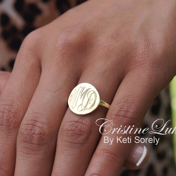 Engraved Monogram Ring In Sterling Silver, Yellow, Rose Gold, Monogrammed Signet Ring With Personalized Initials.