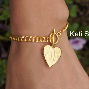 Custom Engraved Heart Monogram Locket Bracelet With Curb Chain & Toggle Clasp, Engrave Initials, Date or Name, Personalized Photo Locket.