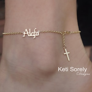 Personalized Name, Date or Initials Anklet. Lariat Style Cross Anklet in 10K or 14K Gold, Sterling Silver or 14K Gold Filled