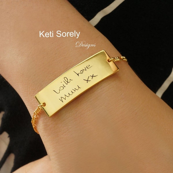 Unisex 10K, 14K or 18K Solid Gold or Silver, Handwriting Message Bracelet, Engraved ID Bar With Figaro Chain, Signature Bracelet or Anklet