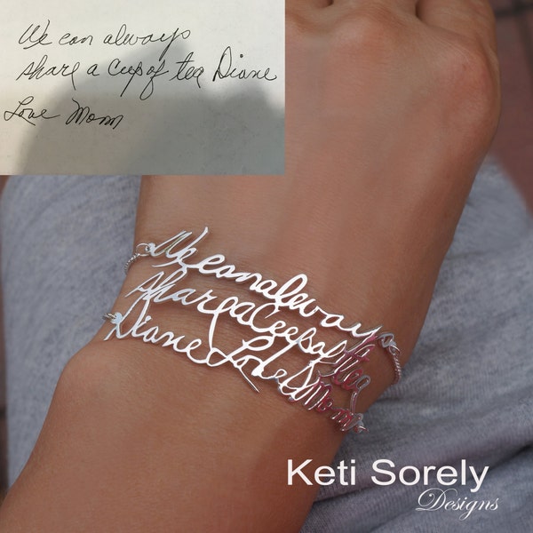 10K, 14K, 18K or Sterling Silver Message Bracelet Made Using Your Handwriting, Triple Line Bracelet in Yellow Gold, Rose or White Gold,