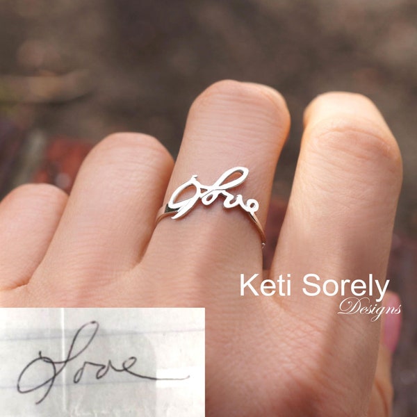 Copy Your Handwriting In Solid Gold or Sterling Silver, Memorial Ring in Yellow Gold, White Gold or Rose Gold, Stacking Inspirational Ring