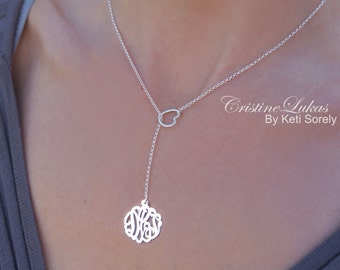 10K, 14K or 18K Solid Gold or Sterling Silver Lariat Necklace with Initials Charm, Sideways Heart Necklace, Yellow, Rose or White Gold