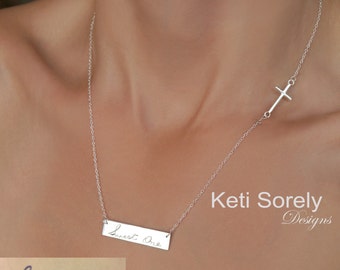 10K, 14K & 18K Solid Gold or Silver - Engrave Your Handwriting on Bar w/ sideways Cross, Personalized Necklace in Yellow, Rose, White Gold