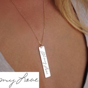 10K, 14K or 18K Gold Vertical Bar Pendant With Handwriting Message in Yellow, Rose or White Gol, Custom Engraved Pendant