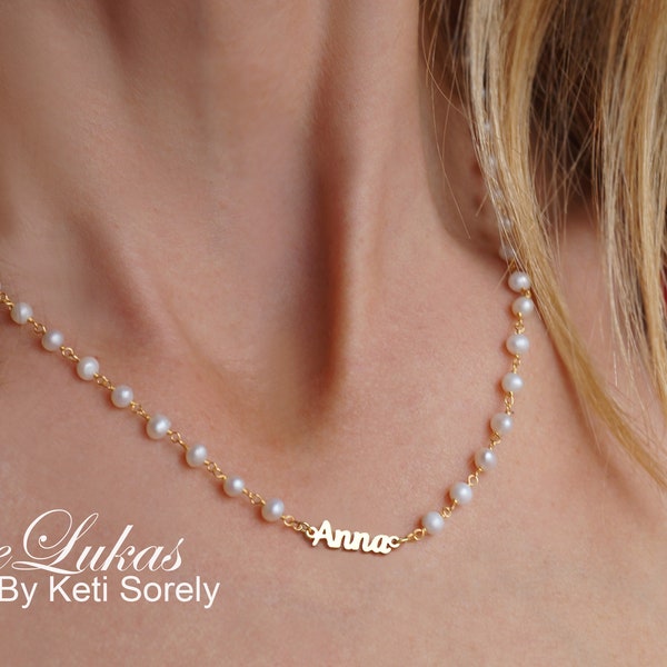 Natural Pearls With Custom Name in Sterling Silver, Yellow Gold or Rose Gold, Personalized Gift for Woman