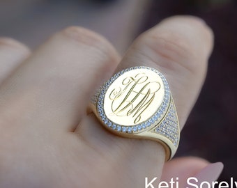 Large Oval Signet Ring with Engraved Personalized Initials in Sterling Silver Or Yellow Gold, Monogram Ring With Cubic Zirconia Pave Stones