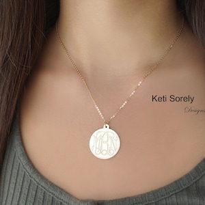 10K, 14K, 18K or Sterling Initials Disc Necklace with Swirly Script Monogram, Sterling Silver or Solid Gold - Small To Medium Size Pendant.