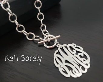Personalized Toggle Necklace with Monogram Initials Charm - Large Link Chain Necklace - Sterling Silver, Yellow Gold or Rose Gold