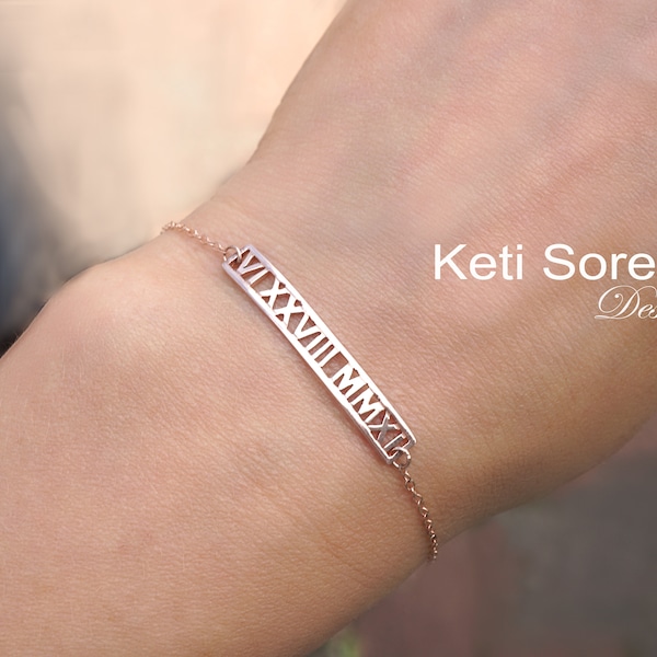 Personalized Name, Date or Word Bracelet in Sterling Silver or Solid Gold: 10K, 14K or 18K (Yellow, Rose or White) - Roman Numeral Bracelet