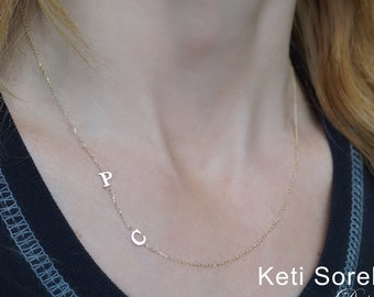 Personalized Sideways Initials Necklace - Order With Your Or Kids Initials in Yellow Gold, Rose Gold, White Gold or Sterling Silver