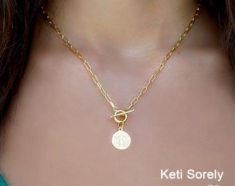 Personalized Monogram Initials Necklace with Toggle Clasp, Paperclip Chain, Sterling Silver, Yellow or Rose Gold, Engraved Gifts For Woman.