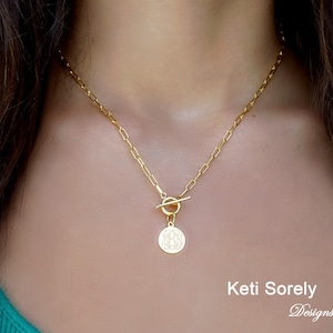 Personalized Monogram Initials Necklace with Toggle Clasp, Paperclip Chain, Sterling Silver, Yellow or Rose Gold, Engraved Gifts For Woman.