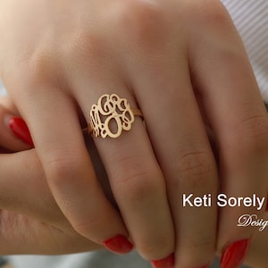 Mini Monogram Ring With Your Personalized Initials Ring in 10K, 14K and 18K Gold or Sterling Silver, White, Rose or Yellow, Swirly Initials