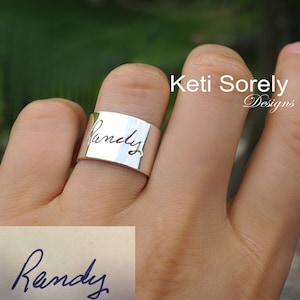 Custom Engraved Handwritten Signature&lt; Name, Message or Phrase Cuff Ring in Sterling Silver, Yellow, Rose or White Gold, Personalized Gifts.