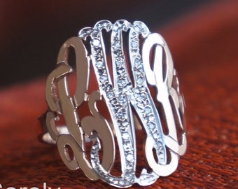 Monogram Initials Ring With CZ Stones - Customize It With Your Initials - 10K / 14K / 18K Solid Gold, Silver - Two Tone Ring