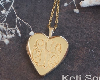 14K Gold Filled Heart Locket With Hand Engraved Monogram Initials - Engrave Message or Date On the Back - Photo Locket