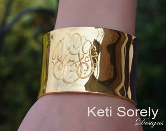 Custom engraved Cuff Bangle With Personalized Initials in Sterling Silver, Yellow Gold or Rose Gold, Hand Engraved Statement Bangle