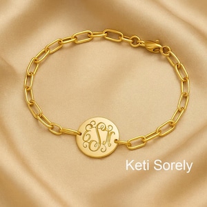 Personalisiertes Monogramm-Initialen-Armband mit stabiler Büroklammer-Kette in Sterlingsilber, Gelb oder Roségold, Gold gefüllt, Geschenk für Frau