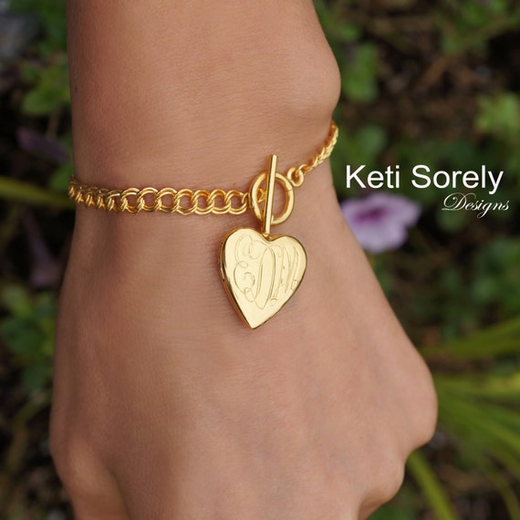 14K Yellow Gold Filled Monogram Locket Bracelet Heart Locket 