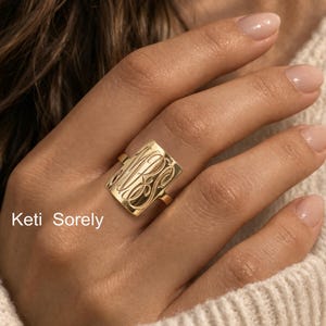 Hand Engraved Rectangle Monogrammed Initials Ring in Solid Gold or Sterling Silver.