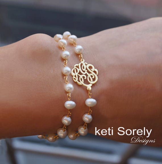 Double Pearl Bracelet with Monogram initials - White Pearl Beaded Bracelet with Initials, Sterling Silver, Yellow, Rose Gold