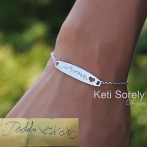 10K, 14K or Sterling Silver Handwriting Signature Bracelet With Cut Out Heart, Inspirational Jewelry With Custom Engraving For Woman or Man.