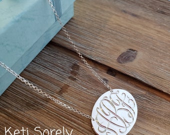 Hand Engraved Oval Monogram Disc Necklace, Small to Large Sizes - Silver, Yellow or Rose Gold