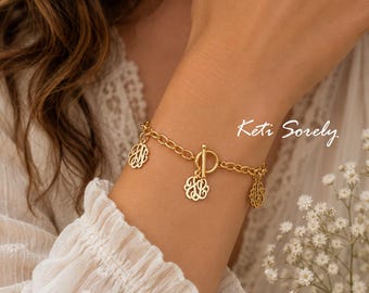 Monogram Charm Bracelet with Personalized Initials in Sterling Silver, Yellow or Rose Gold Overlay - Kids Initials Charm - Toggle Bracelet