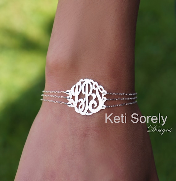 Monogram Bracelet or Anklet with Personalized Initials & Triple Chain -  Solid Gold, Sterling Silver, Yellow Gold or Rose Gold