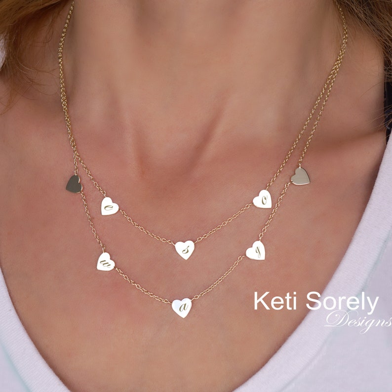 Family Initials Necklace Dainty Initials Layered Necklace Mini Hearts Necklace with Engraved Initials Mother/'s Jewelry