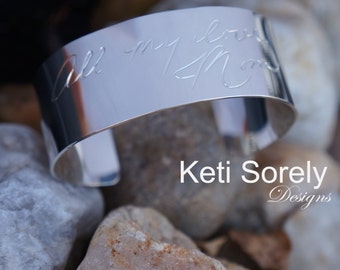 Custom Engraved Cuff Bangle Bracelet, Use Your Signature or Handwritten Message in Sterling Silver, Yellow or Rose Gold, Inspirational Gift.