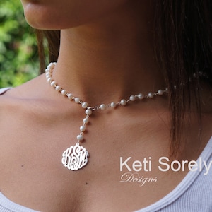 Pearl Necklace with Monogram Initials - Y Necklace With Drop Initials Charm - Lariat Neckalce with Monogram in Silver, Yellow or Rose Gold