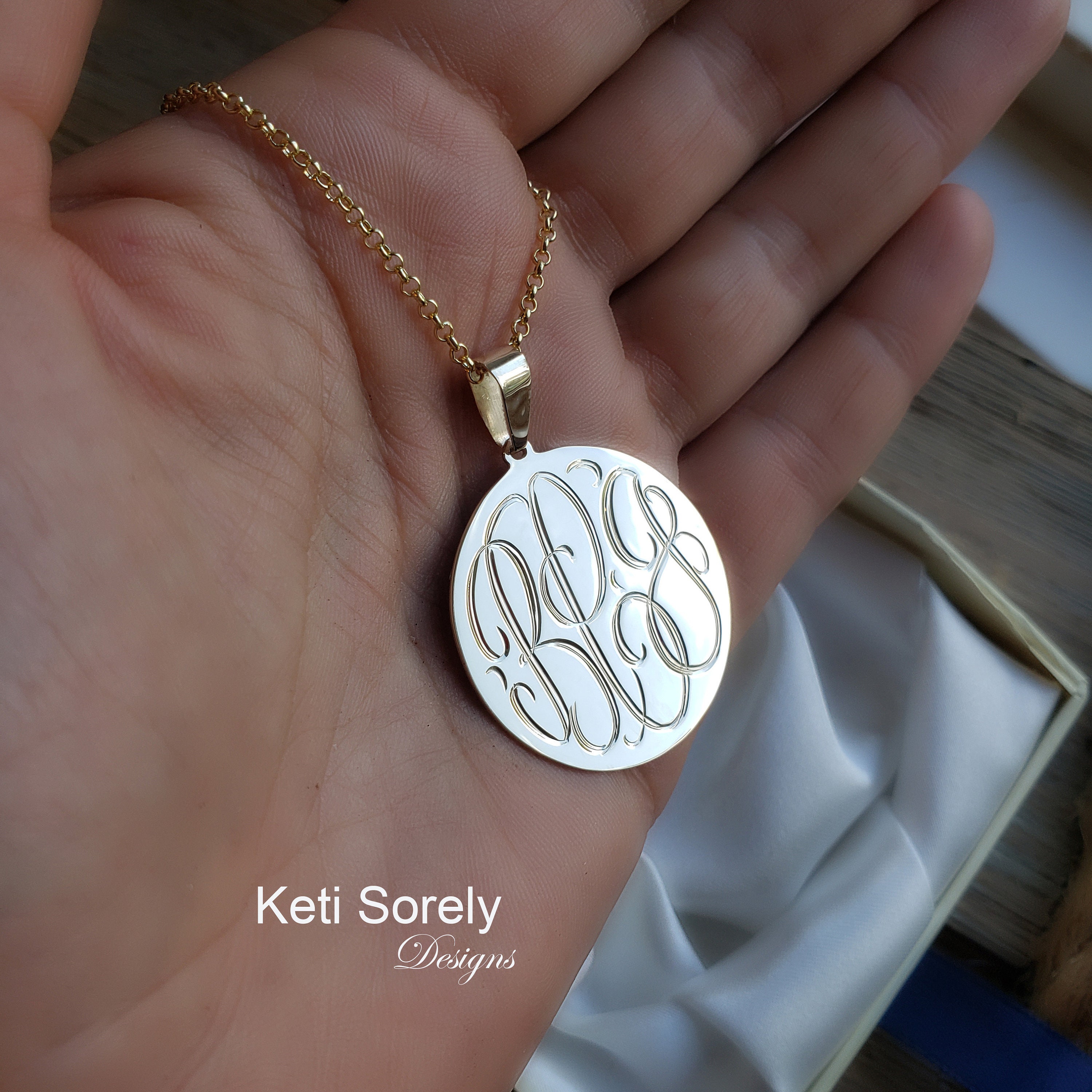 Hand engraved round disc monogram initials necklace in Sterling silver or  solid karate gold: 10K, 14K or 18K