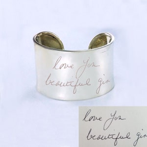 Custom Engraved Large Cuff Bangle, Use Any Handwriting or Generic Font  to Create Keepsake Gift For Woman in Silver, Yellow or Rose Gold.