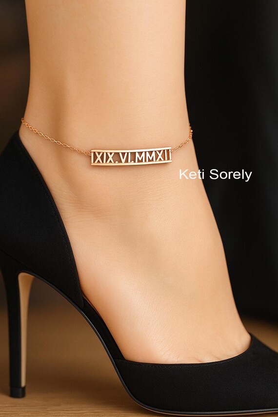 Personalized Date Anklet in Roman Numerals, Sterling or 10K, 14K