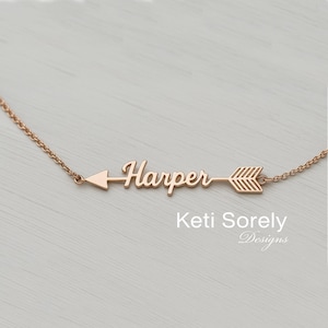 Arrow Necklace or Bracelet with Personalized Name in 10K, 14K or 18K  Solid Gold or Sterling Silver, Sideways Arrow Necklace